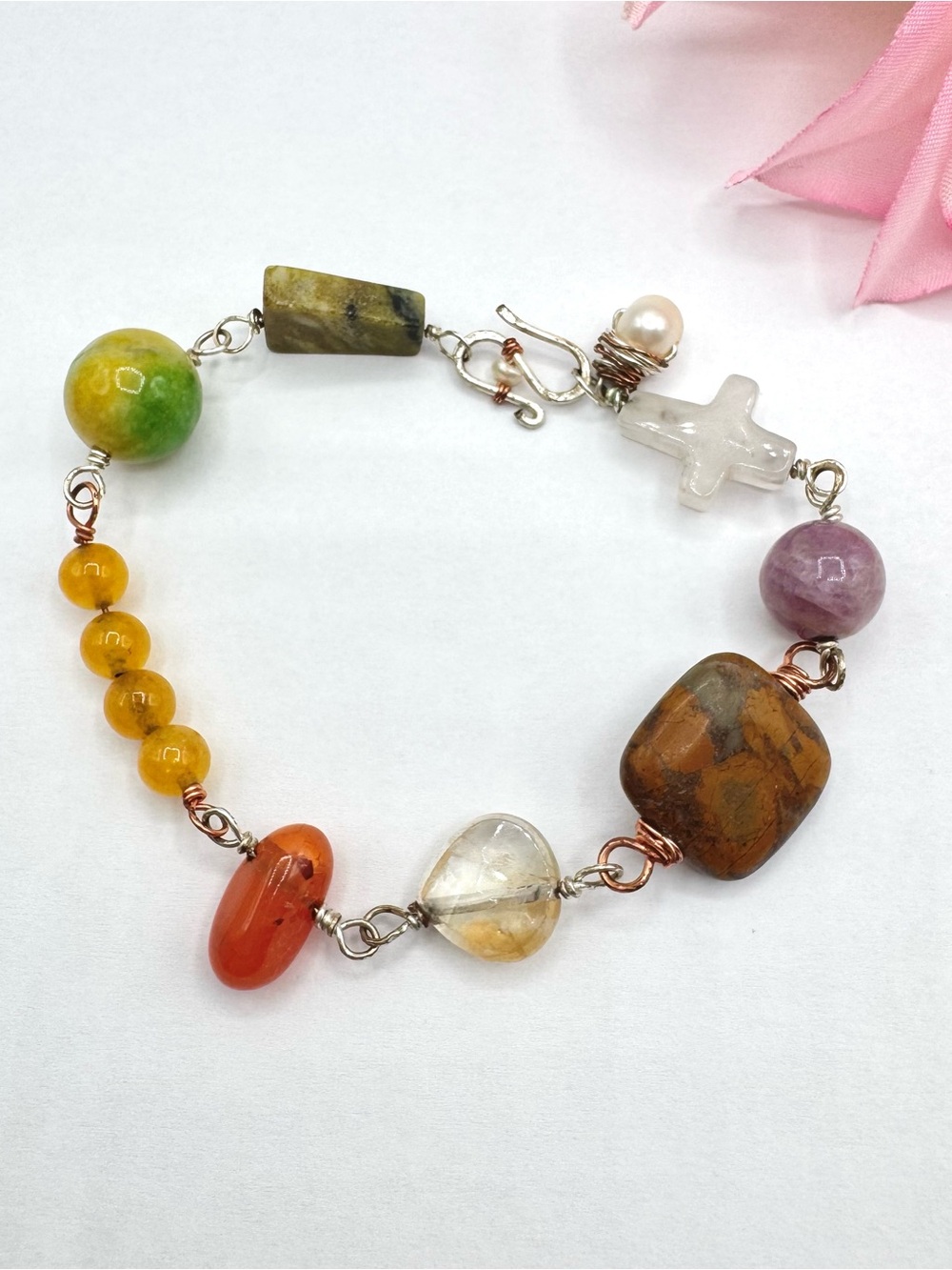 Handmade Gemstone Bead Wirework Bracelet Colorful Mixed Metal 6 3/4” Rockhound